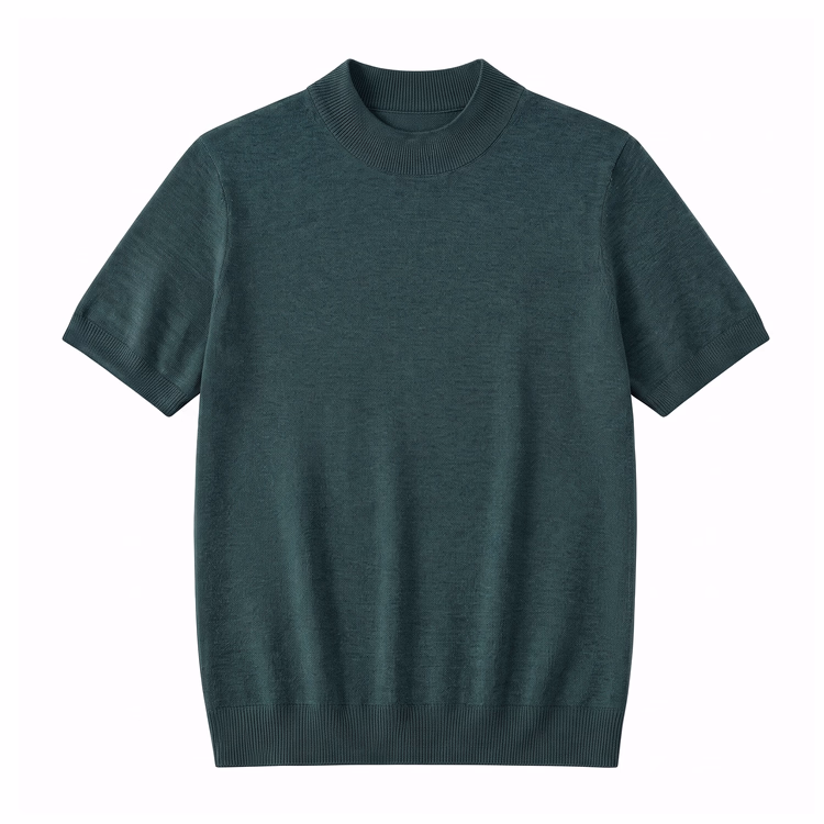 冷房対策　上品なモックネックニットTシャツ 　洗濯ネット使用で洗濯機洗い可 　型崩れしにくい