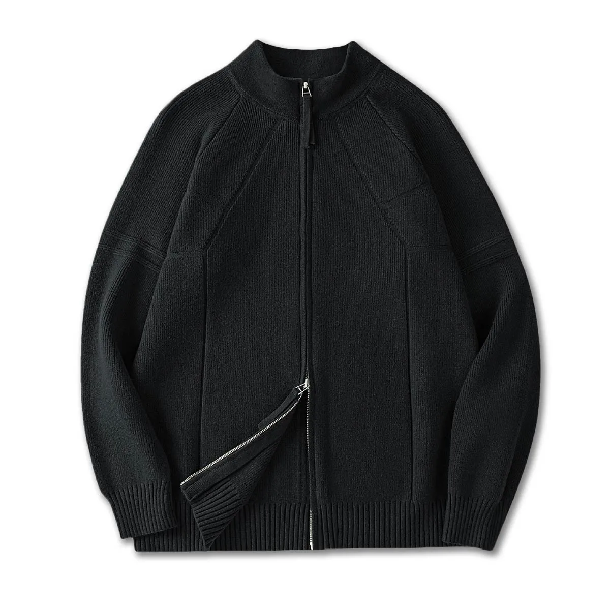 ダブルジップドライバーズニット：リブ編みのスタンドカラー、インナーにもアウターにも使える2WAY仕様、水洗い対応で3シーズン活躍-Oakln