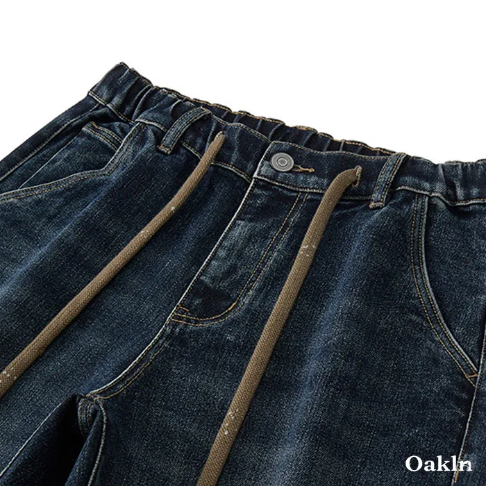 裏起毛 デニム イージーパンツ コットン混 ストレッチ ウエストゴム ドローコード調節 暖パン-Oakln
