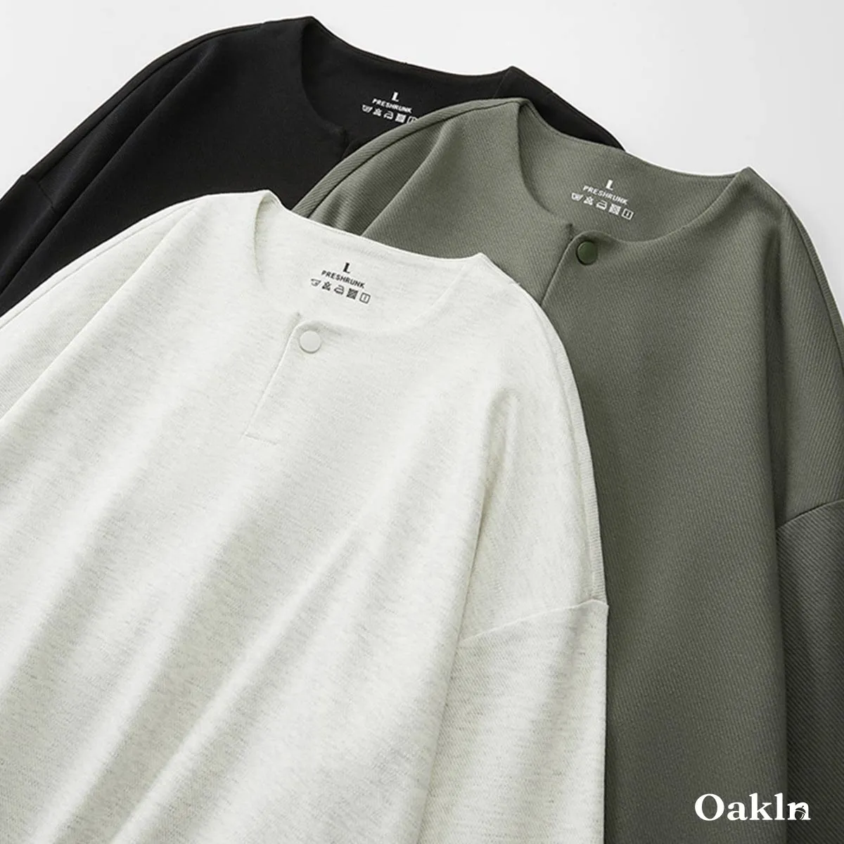ヘンリーネック長袖Tシャツ 厚手仕様 ツイル コットン混 ドロップショルダー-Oakln