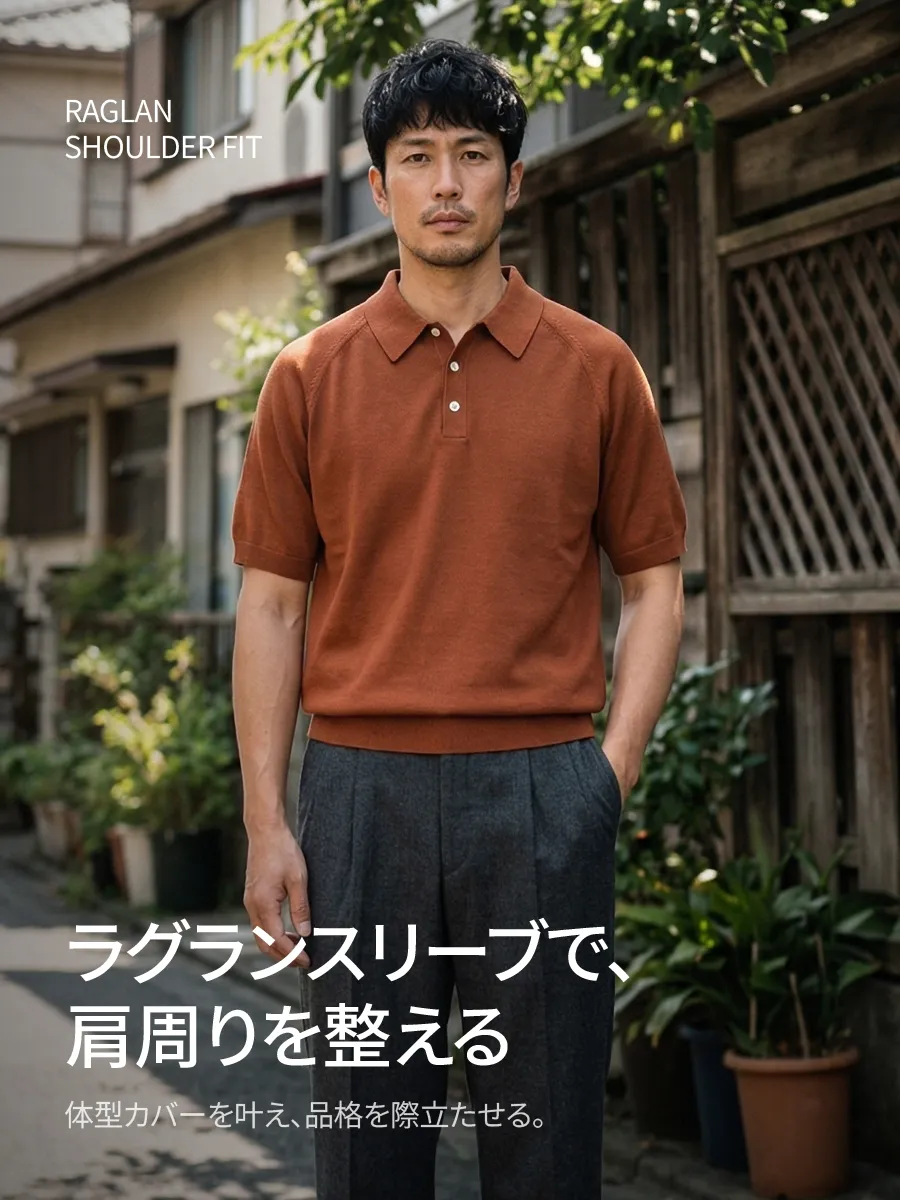 【ラグランスリーブ設計】肩周りをすっきり整え、端正なシルエットに。