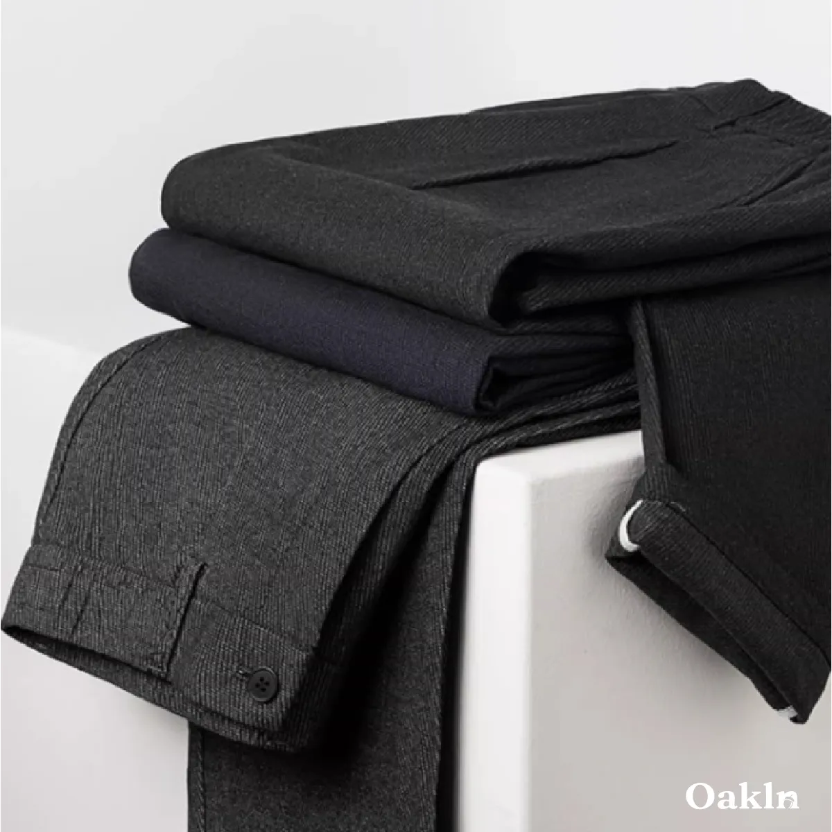 ウール混紡  イタリアン ダブルプリーツ  メンズ ウエストゴム  ハイウエストリラックスフィットスラックス-Oakln