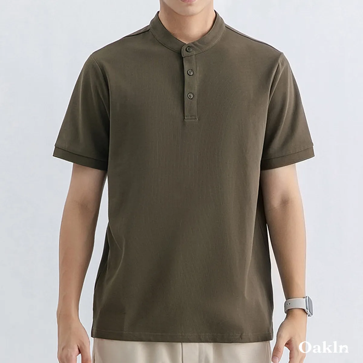 高混率コットンヘンリーネック半袖 ハリ感 通気性 ビジネスカジュアルスタイル-Oakln