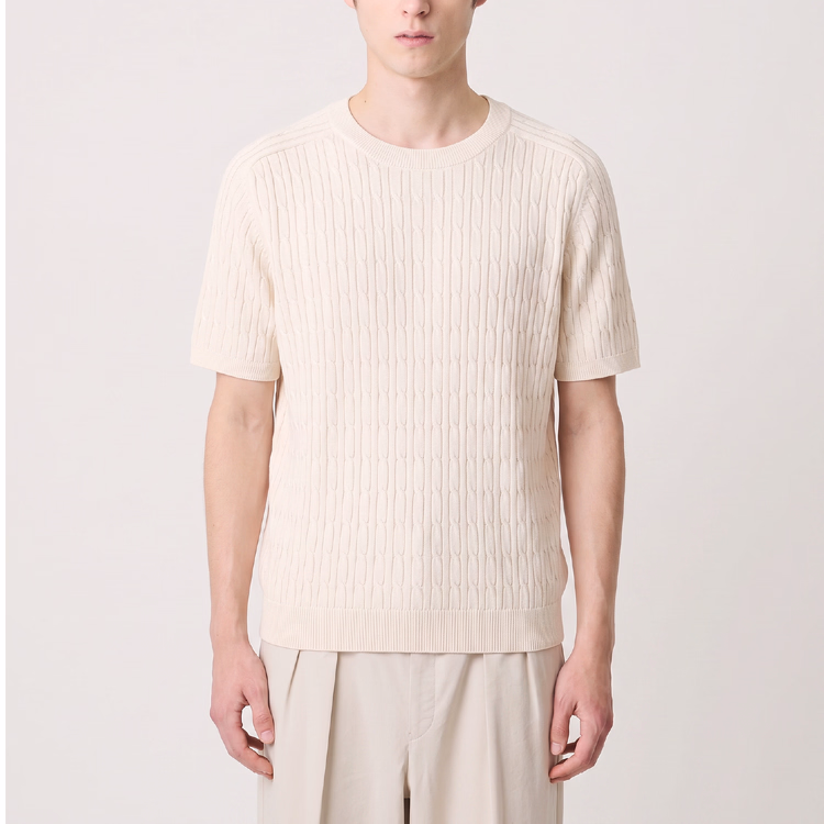 立体的なケーブル編み  ラグランスリーブのさらっと快適なニットTシャツ  洗濯機洗い可  お腹まわりを自然にカバー