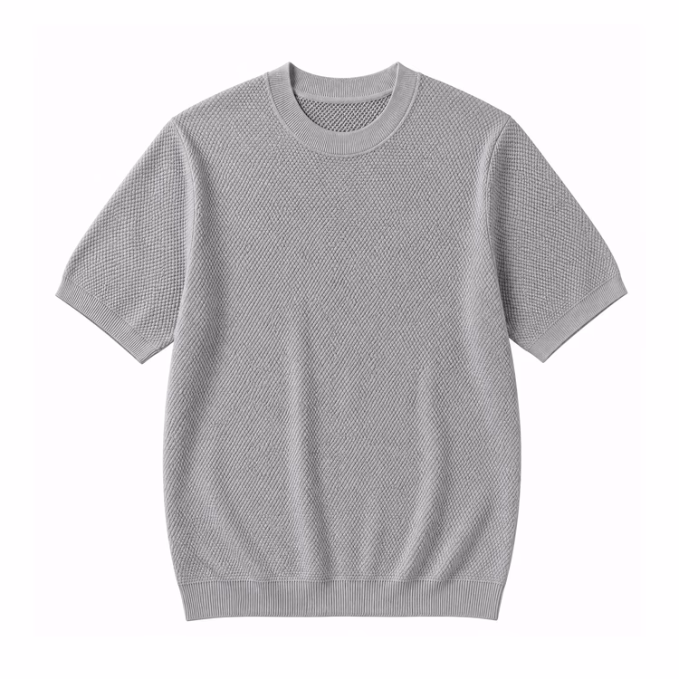 コットン100％ パイナップル編みニットTシャツ 通気性 洗濯機洗い可 毛玉になりにくい 型崩れしにくい