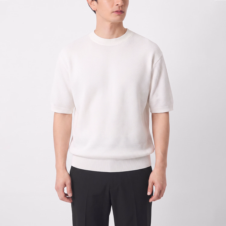 コットン100％ パイナップル編みニットTシャツ 通気性 洗濯機洗い可 毛玉になりにくい 型崩れしにくい