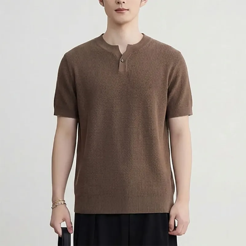 パイナップル編みでサラッとした肌触り　透けないヘンリーネックTシャツ　洗濯機で洗っても型崩れしない