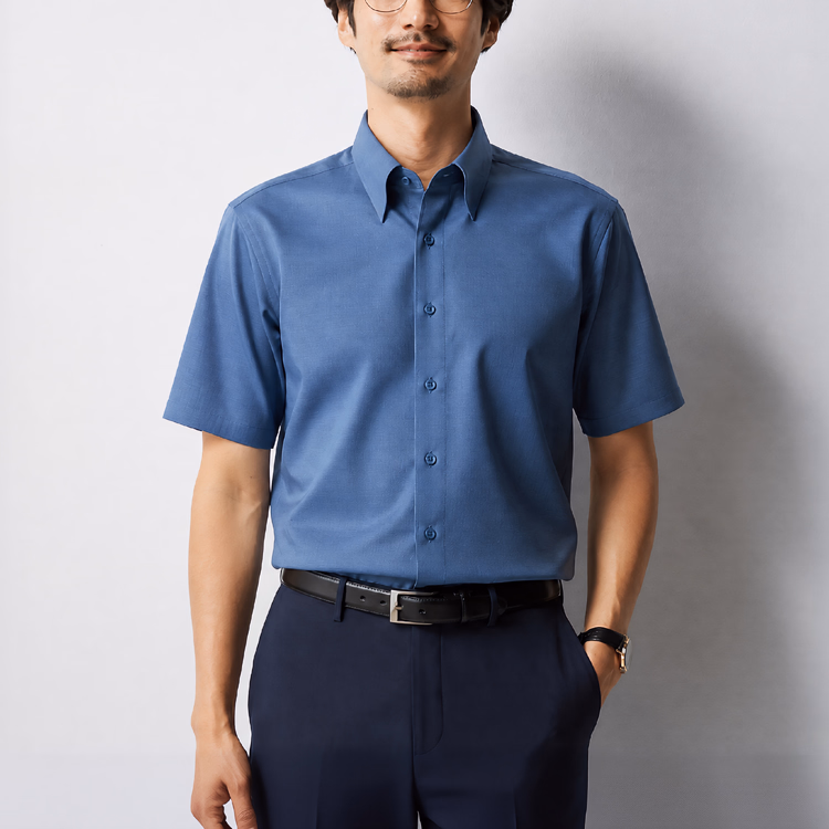 無地にさりげない表情を｜メンズ 細かな織り柄ウィンザーカラー半袖シャツ
