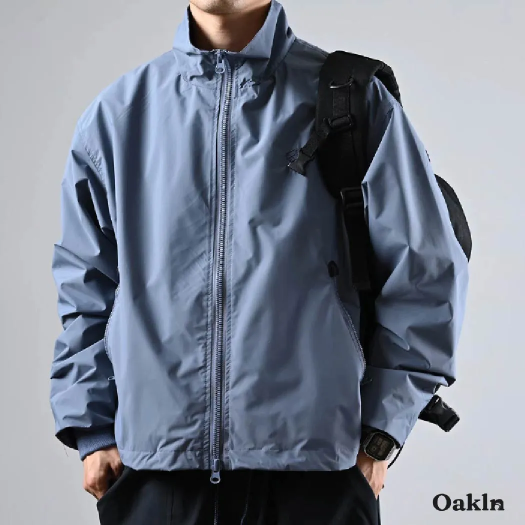 スタンドカラー  ジャケット  メンズ ダブルジップ 配色 切り替え 裾ドローストリング ゆったり 体型カバー ライトアウター 春秋-Oakln