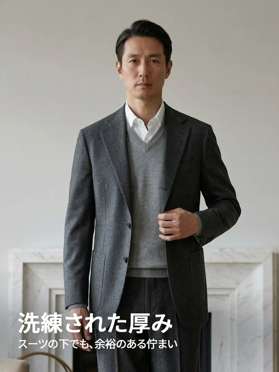 【窮屈感ゼロ】ジャケットの下でももたつかない程よい厚みで、すっきりとした印象に。