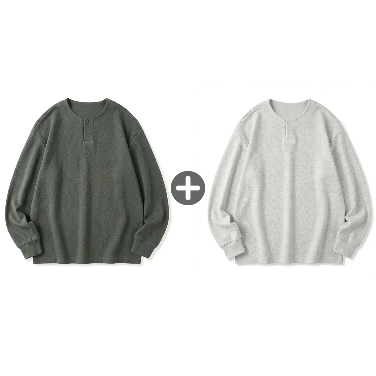 ヘンリーネック長袖Tシャツ 厚手仕様 ツイル コットン混 ドロップショルダー-Oakln