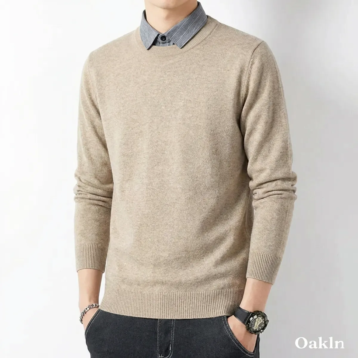 重ね着不要 フェイクレイヤード クルーネック ニット ボーダー襟