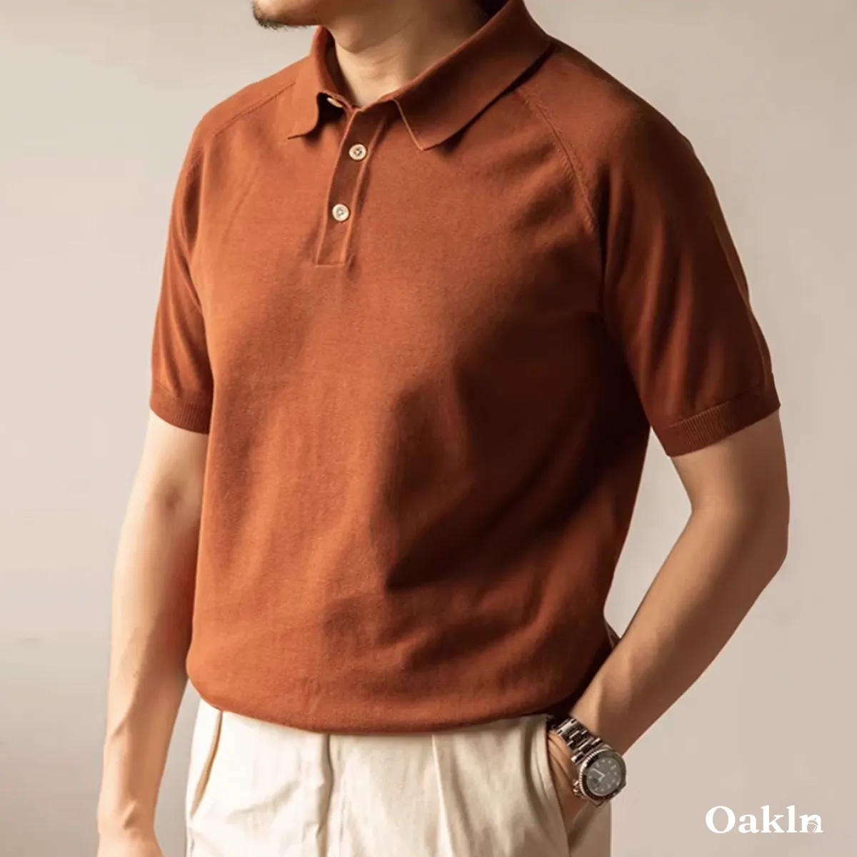 アイロン不要 レトロニットポロシャツ ラグランスリーブ さらりと快適で肌にまとわりつかない-Oakln