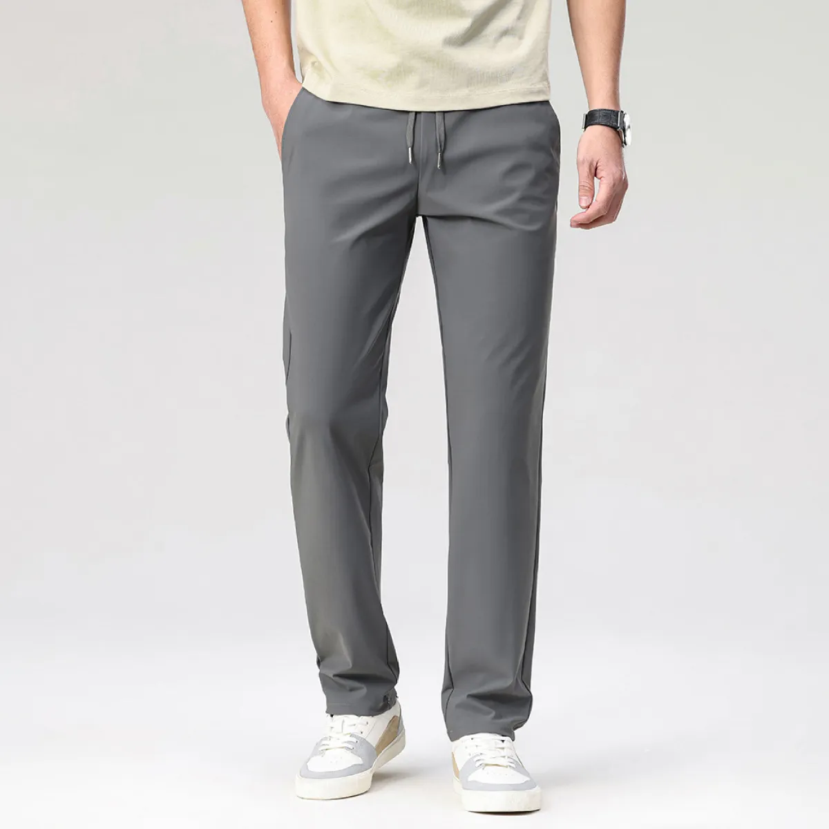 接触冷感 高伸縮 メンズ ドローストリング付き機能性通勤パンツ