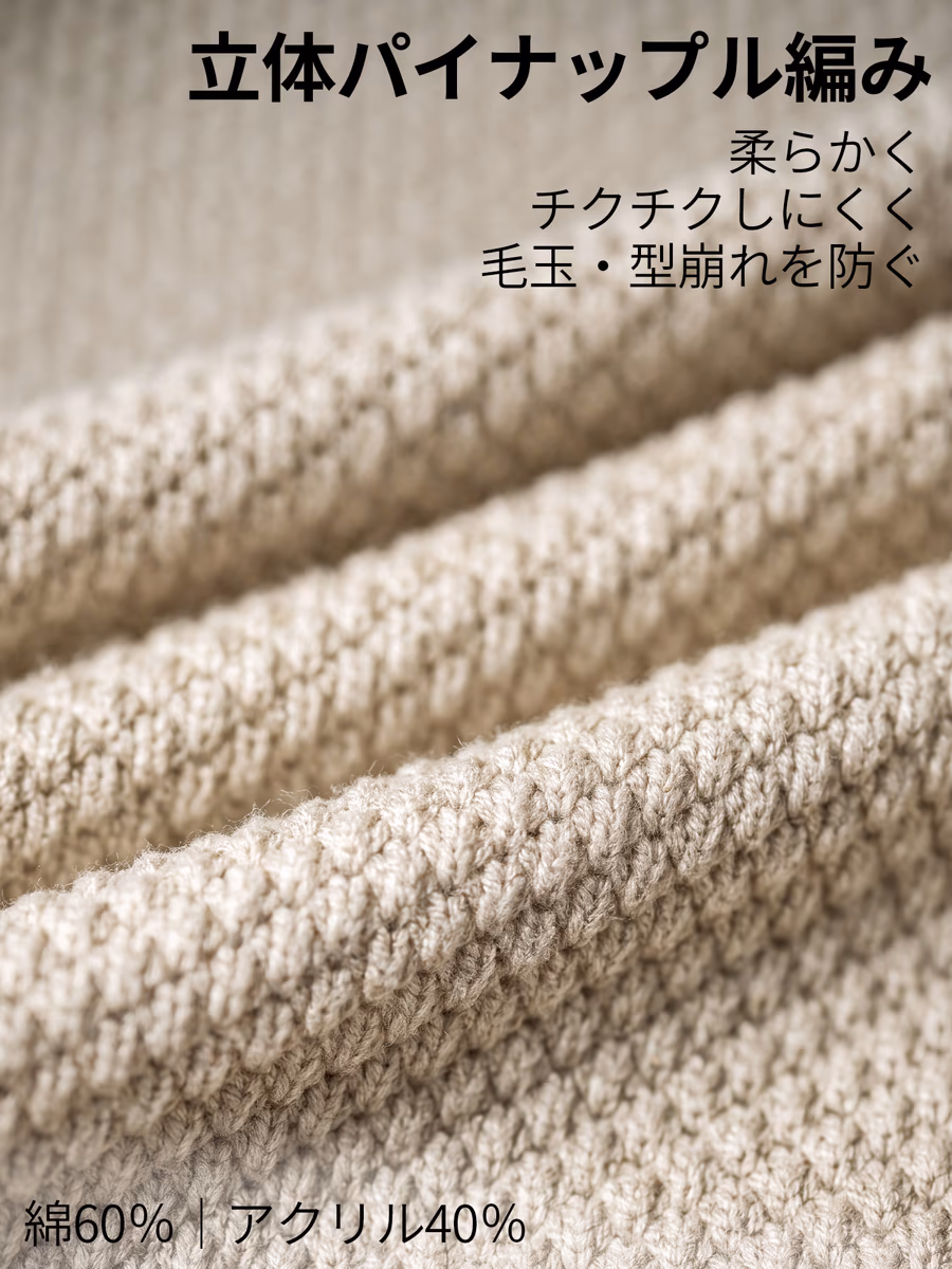 680gのしっかりとした編み地に、立体的な編み模様で凹凸感をプラス。
