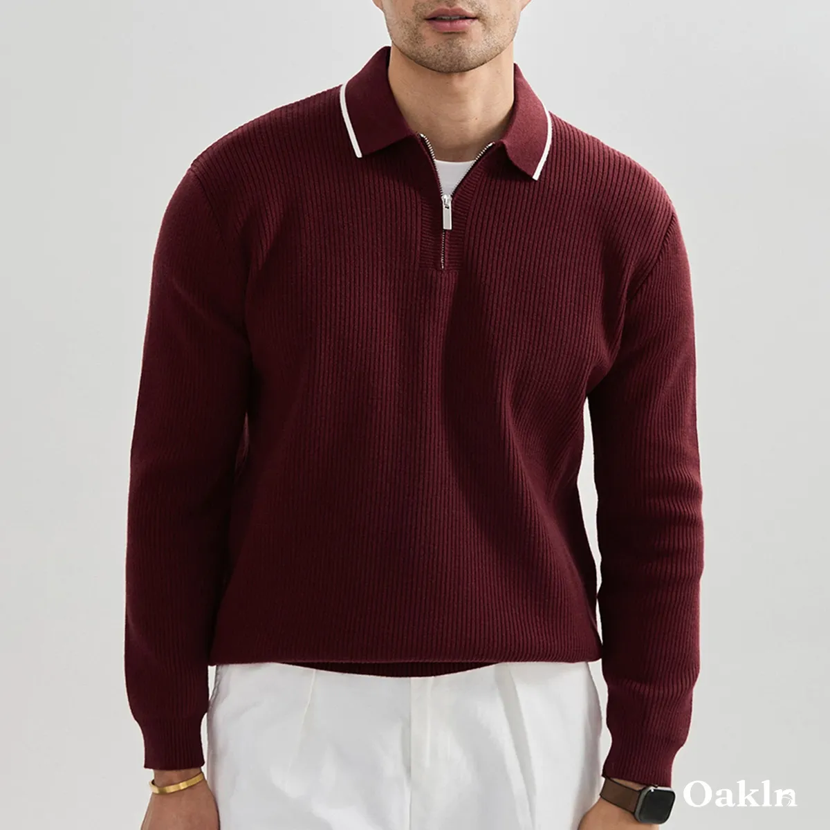  ウォッシャブルハーフジップニット 配色襟元 縦リブ-Oakln