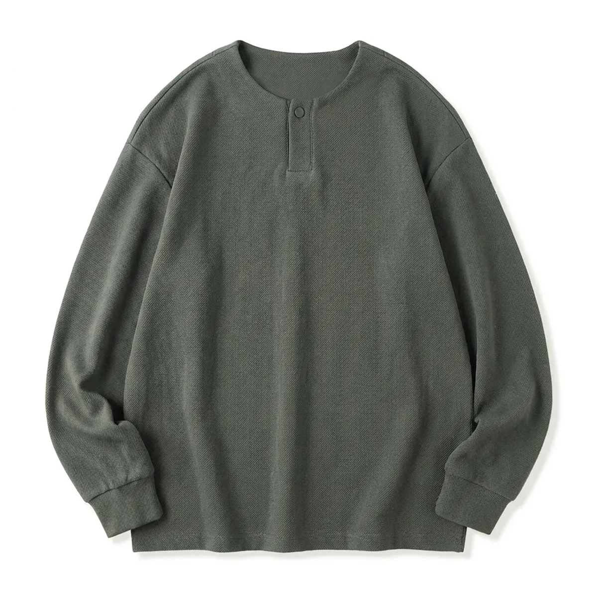 ヘンリーネック長袖Tシャツ 厚手仕様 ツイル コットン混 ドロップショルダー-Oakln