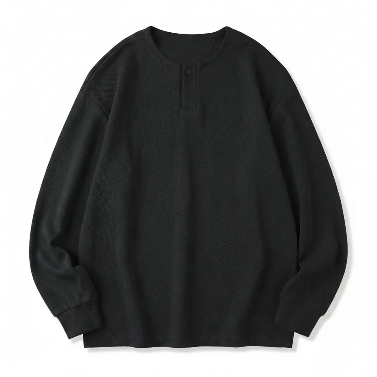 ヘンリーネック長袖Tシャツ 厚手仕様 ツイル コットン混 ドロップショルダー-Oakln