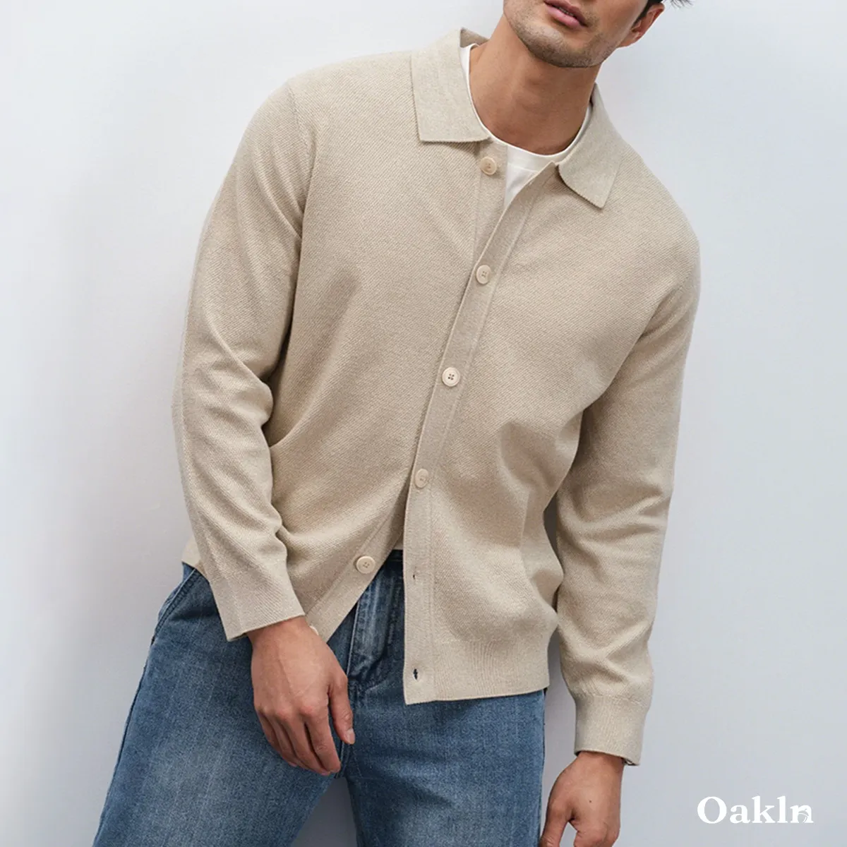 大人のポロ襟 カーディガン 体型カバー 立体編み 洗濯機対応 ニット メンズ ウール混紡-Oakln