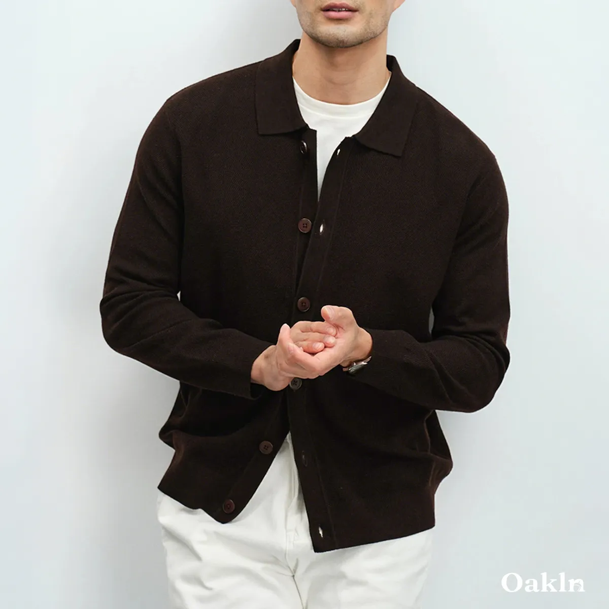 大人のポロ襟 カーディガン 体型カバー 立体編み 洗濯機対応 ニット メンズ ウール混紡-Oakln