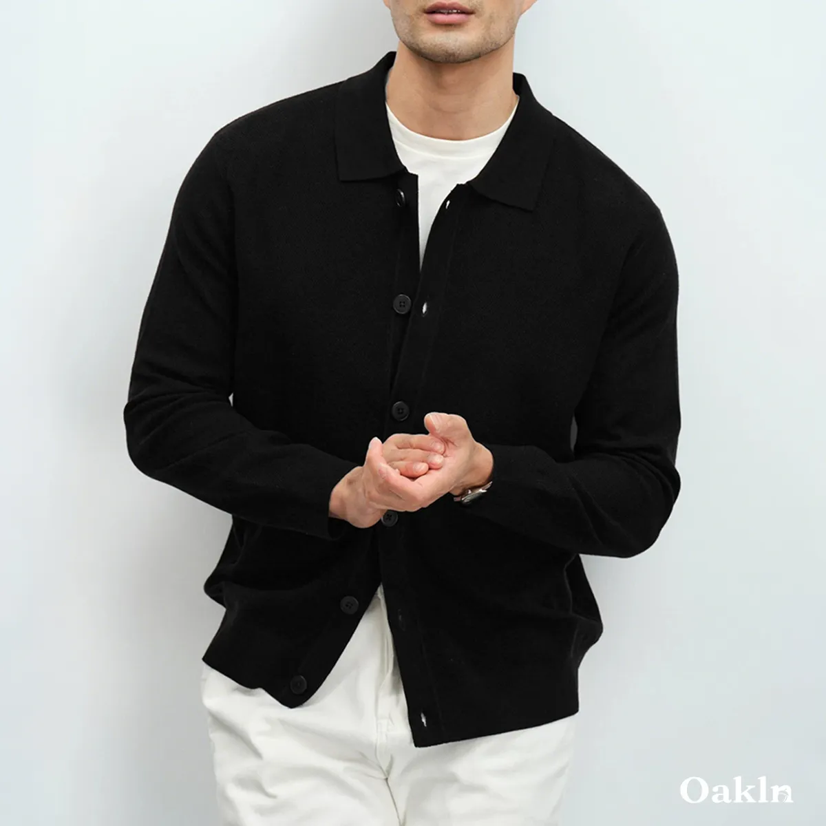 大人のポロ襟 カーディガン 体型カバー 立体編み 洗濯機対応 ニット メンズ ウール混紡-Oakln