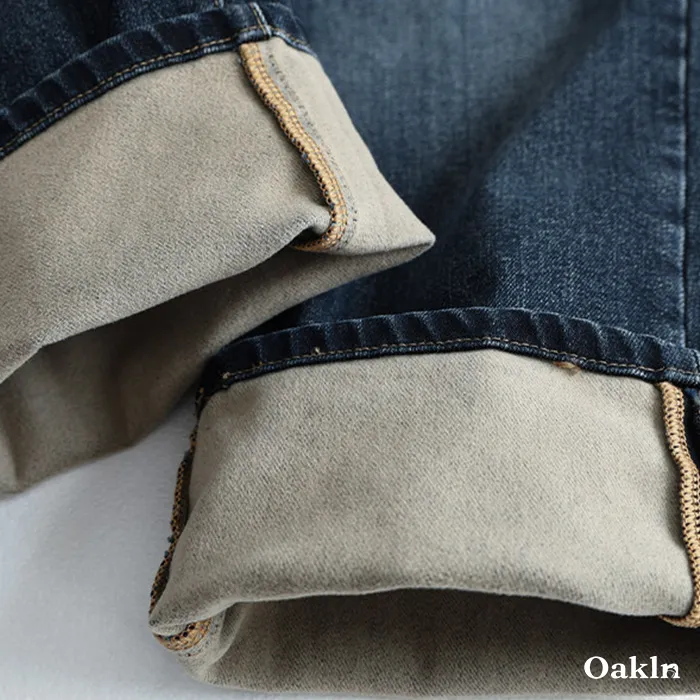 裏起毛 デニム イージーパンツ コットン混 ストレッチ ウエストゴム ドローコード調節 暖パン-Oakln