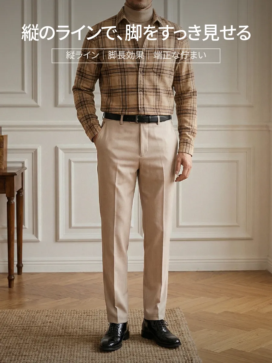 【縦ラインを強調】縦に入ったセンタープレスで、すっきりとしたシャープな印象に。