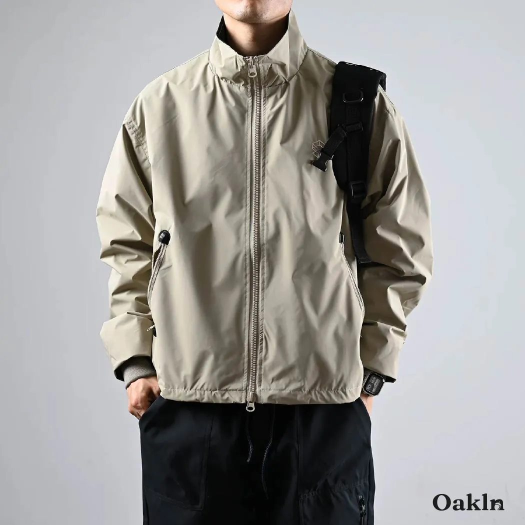 スタンドカラー  ジャケット  メンズ ダブルジップ 配色 切り替え 裾ドローストリング ゆったり 体型カバー ライトアウター 春秋-Oakln