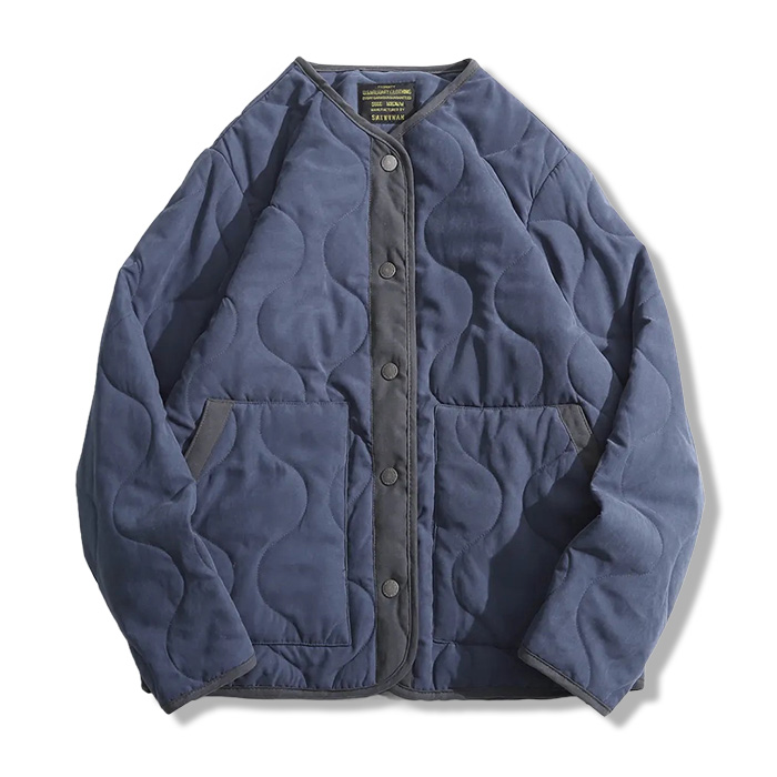 ピーチスキンノーカラー　中綿キルティングジャケット-oakln