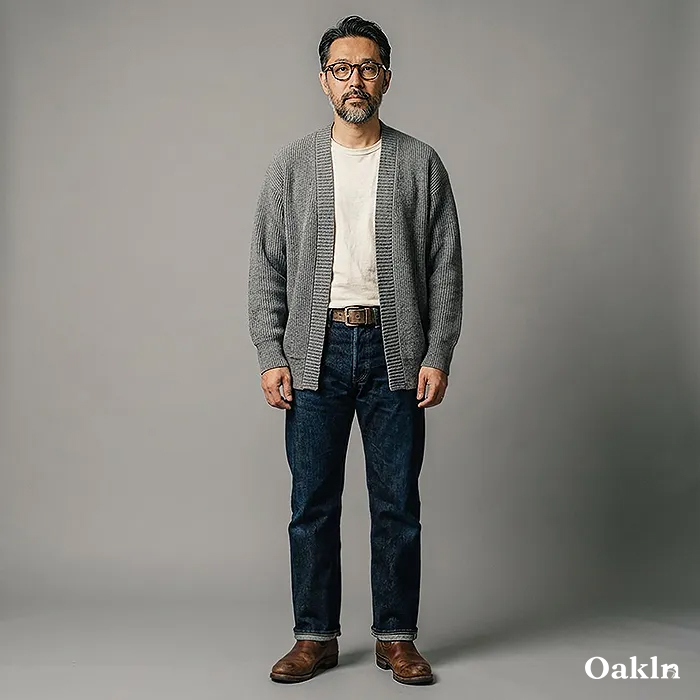 和風羽織風　無地ニットカーディガン-oakln