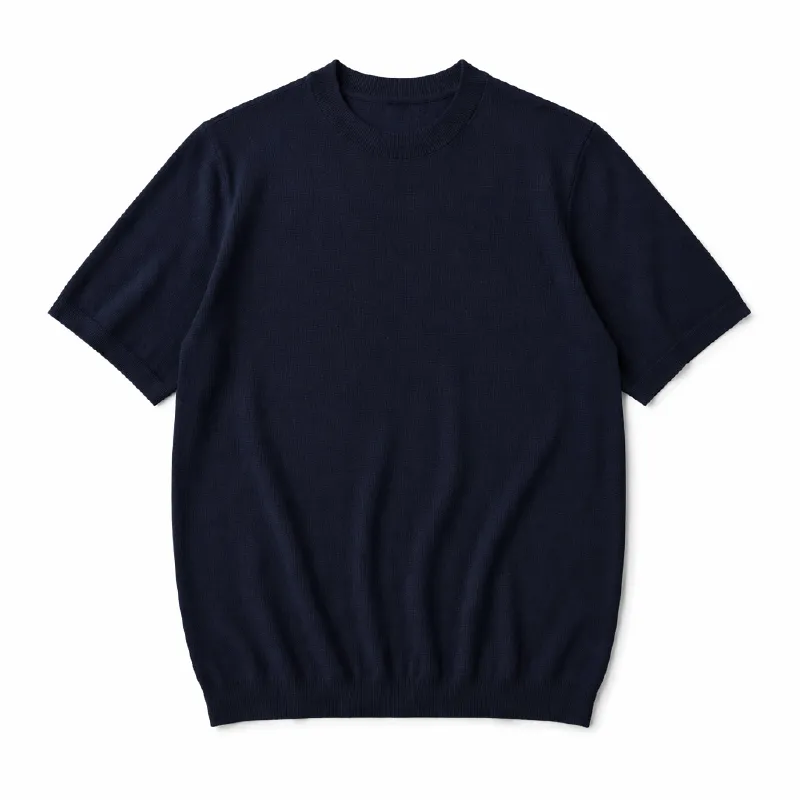 ひんやりとした着心地　12Gのハイゲージ編み　クルーネックニットTシャツ　洗濯機洗い可