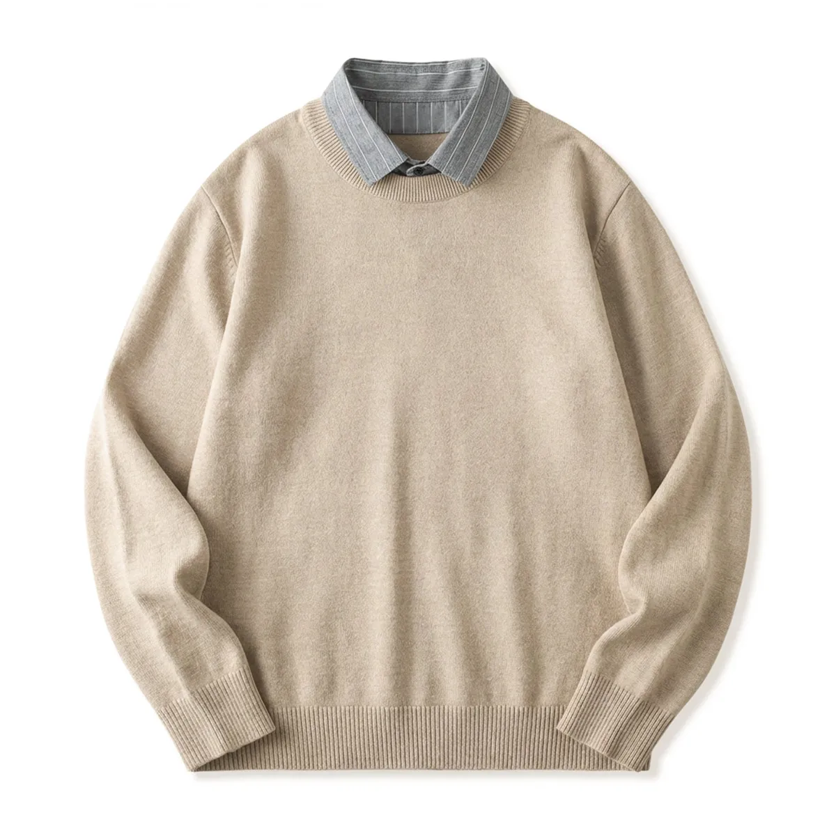 重ね着不要 フェイクレイヤード クルーネック ニット ボーダー襟