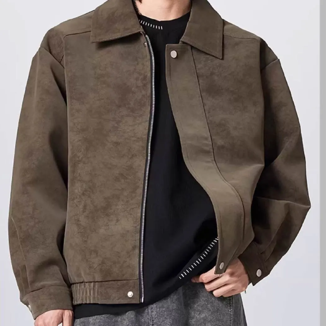 スイングトップ メンズ スエード調 ムラ感 ヴィンテージ加工 レトロ 折り襟 ジャケットアウター 比隠し前立て 春秋向け 軽アウター 大人　洗練されたスタイル-Oakln