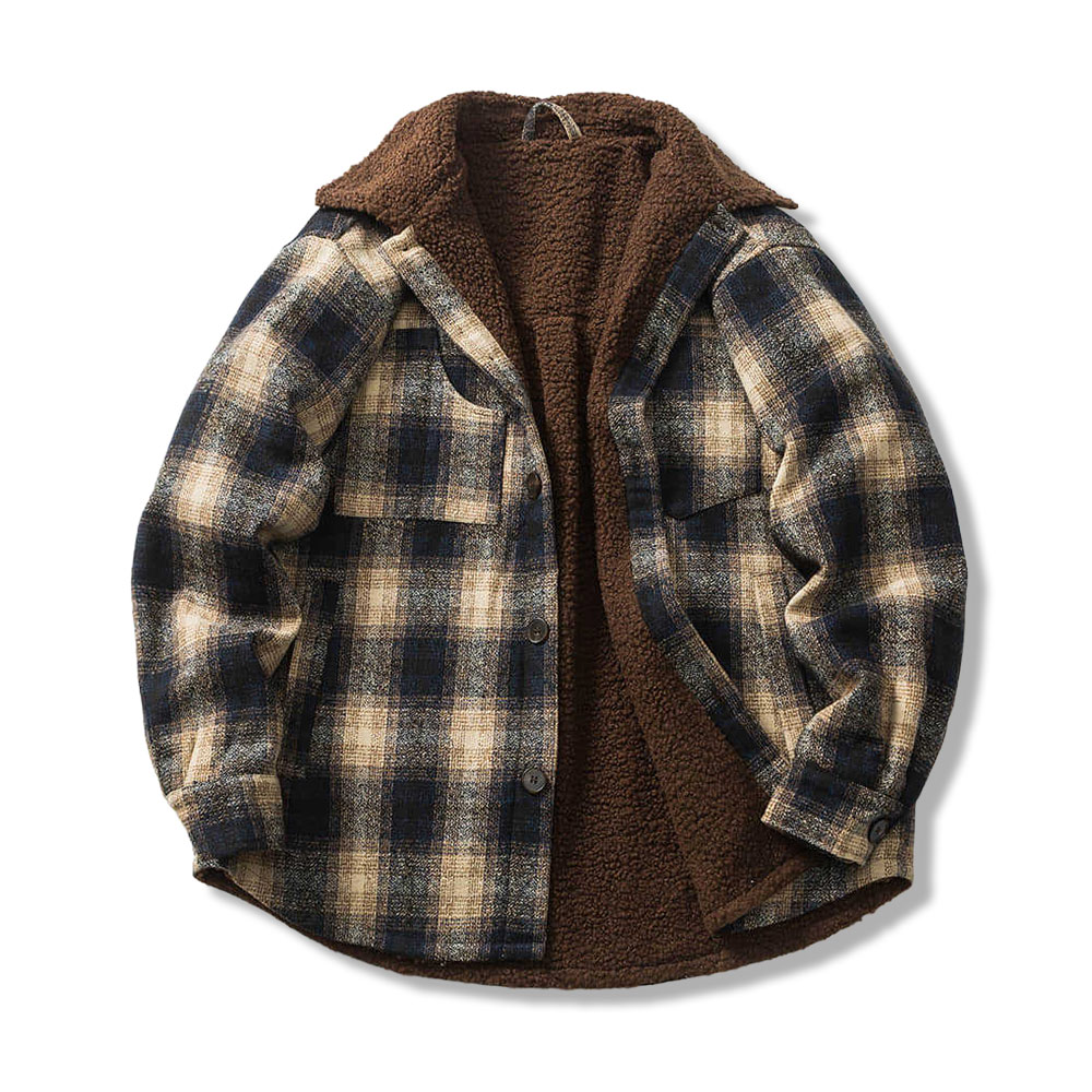 ボア裏地　ツイードチェック柄長袖シャツジャケット-oakln