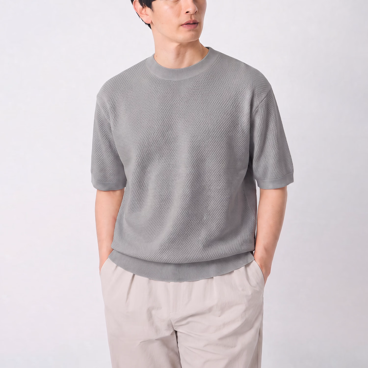 コットン100％ パイナップル編みニットTシャツ 通気性 洗濯機洗い可 毛玉になりにくい 型崩れしにくい