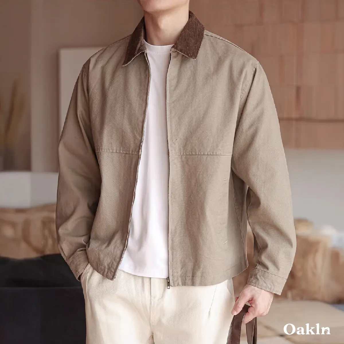 ミニマルデザイン コーデュロイ襟 メンズモダンハリントン ビジネスジャケット-Oakln