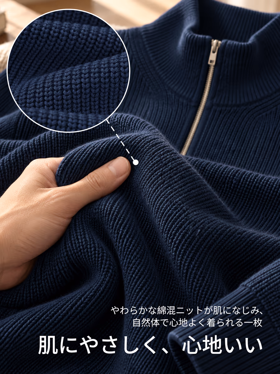 コットン混ニットで、肌に優しくて快適な着心地を。
