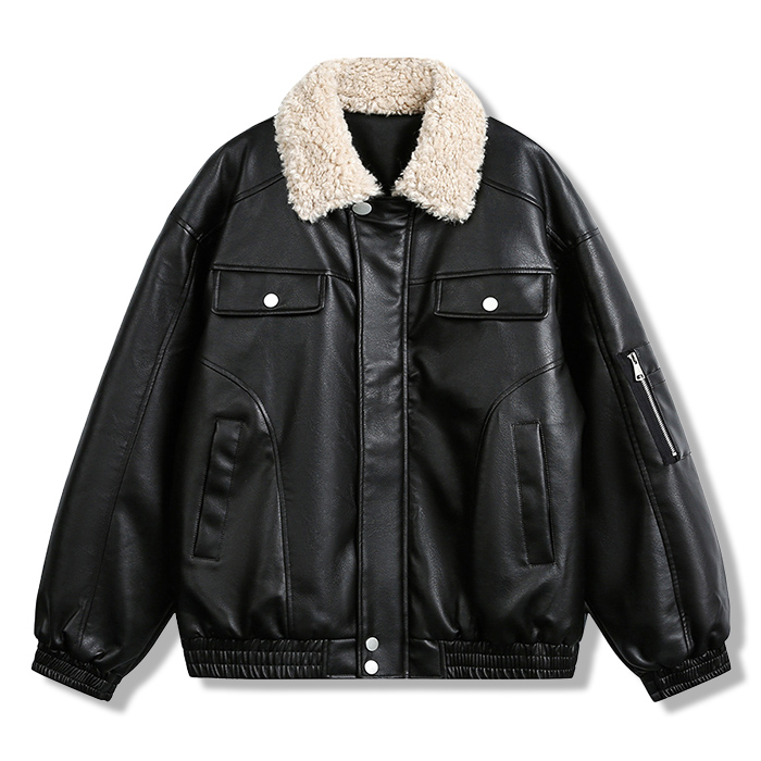 ボア折り襟　クラシックアームポケット付き中綿レザージャケット-oakln