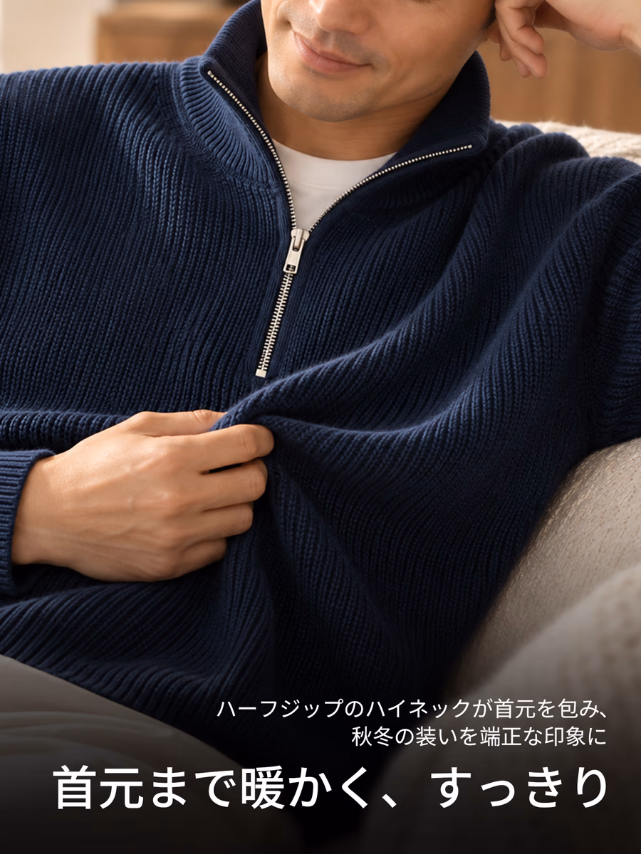 ハーフジップのハイネックで、秋冬も暖かく、すっきりとした印象に。