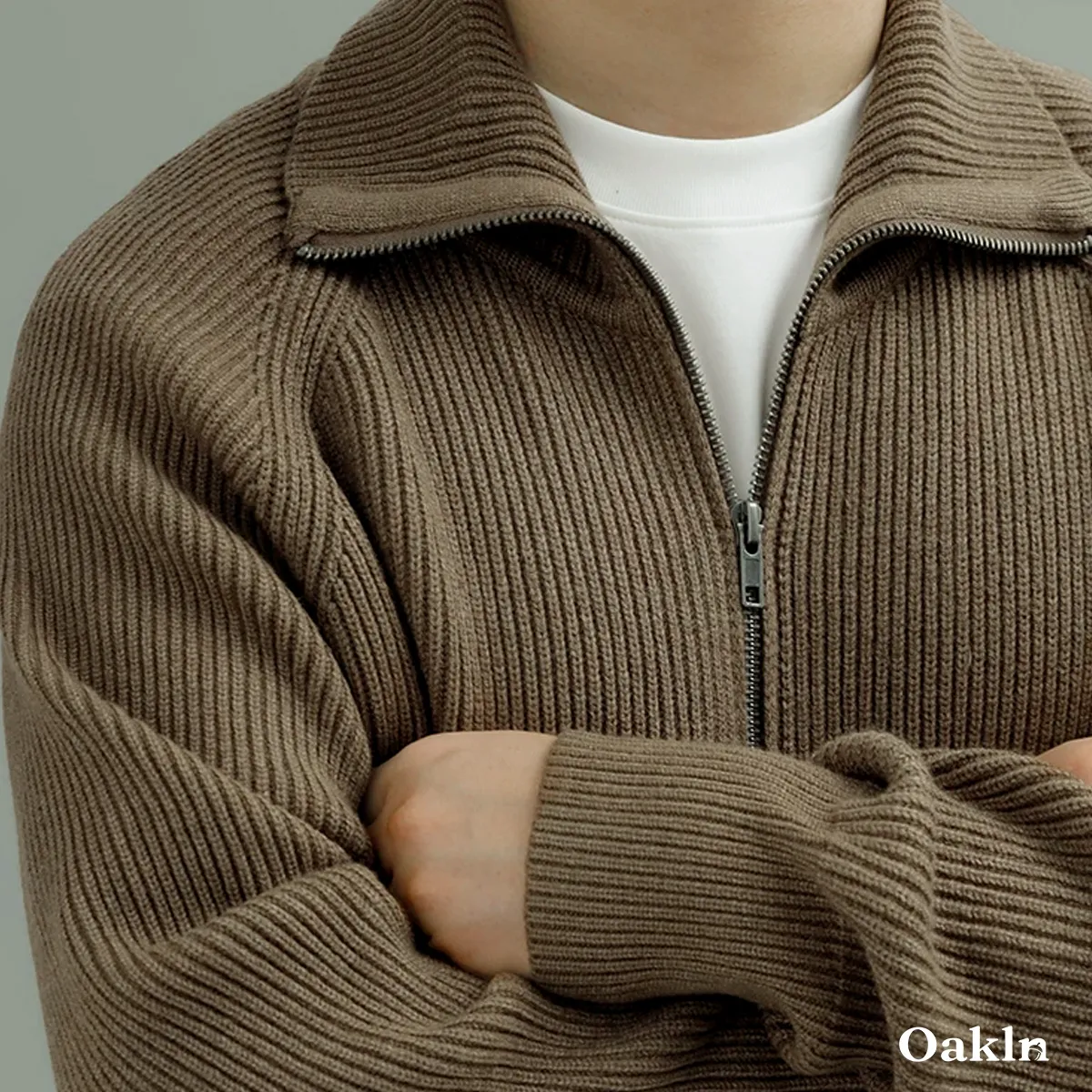 ドライバーズニット ダブルジップ ウール混 畦編み スタンドカラー