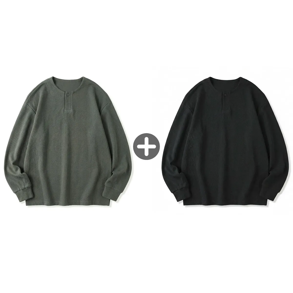 ヘンリーネック長袖Tシャツ 厚手仕様 ツイル コットン混 ドロップショルダー-Oakln