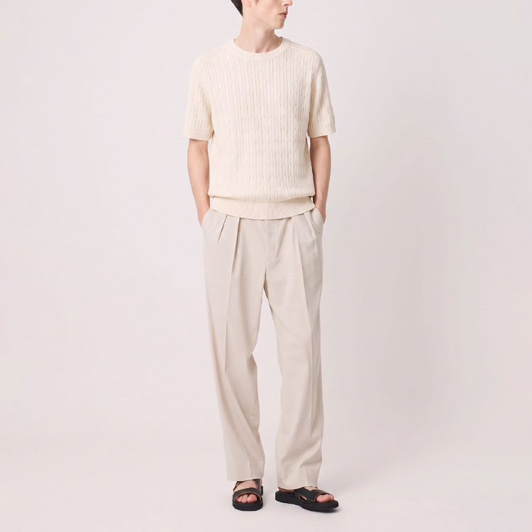 立体的なケーブル編み  ラグランスリーブのさらっと快適なニットTシャツ  洗濯機洗い可  お腹まわりを自然にカバー