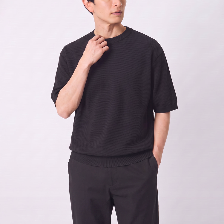 コットン100％ パイナップル編みニットTシャツ 通気性 洗濯機洗い可 毛玉になりにくい 型崩れしにくい