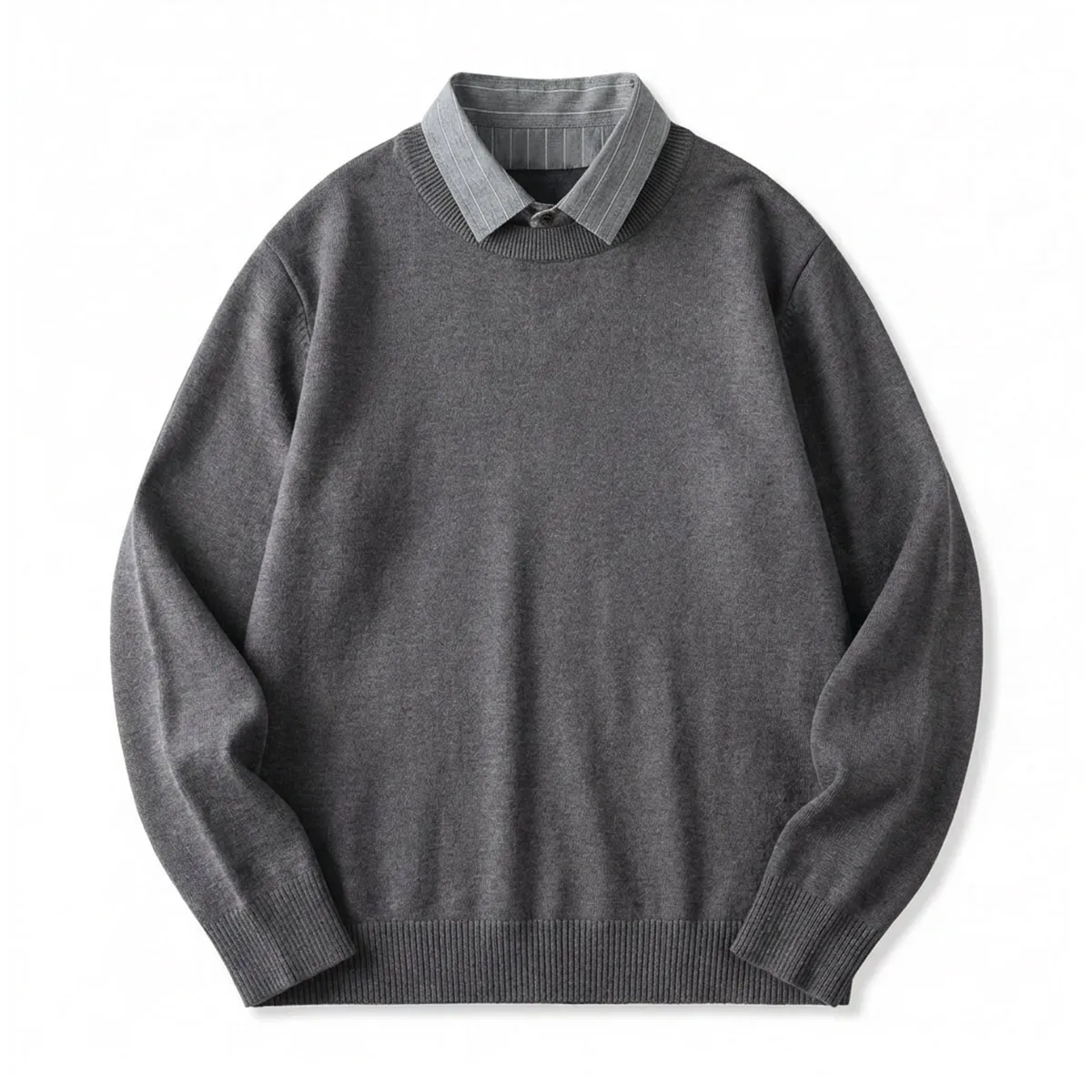 重ね着不要 フェイクレイヤード クルーネック ニット ボーダー襟-Oakln