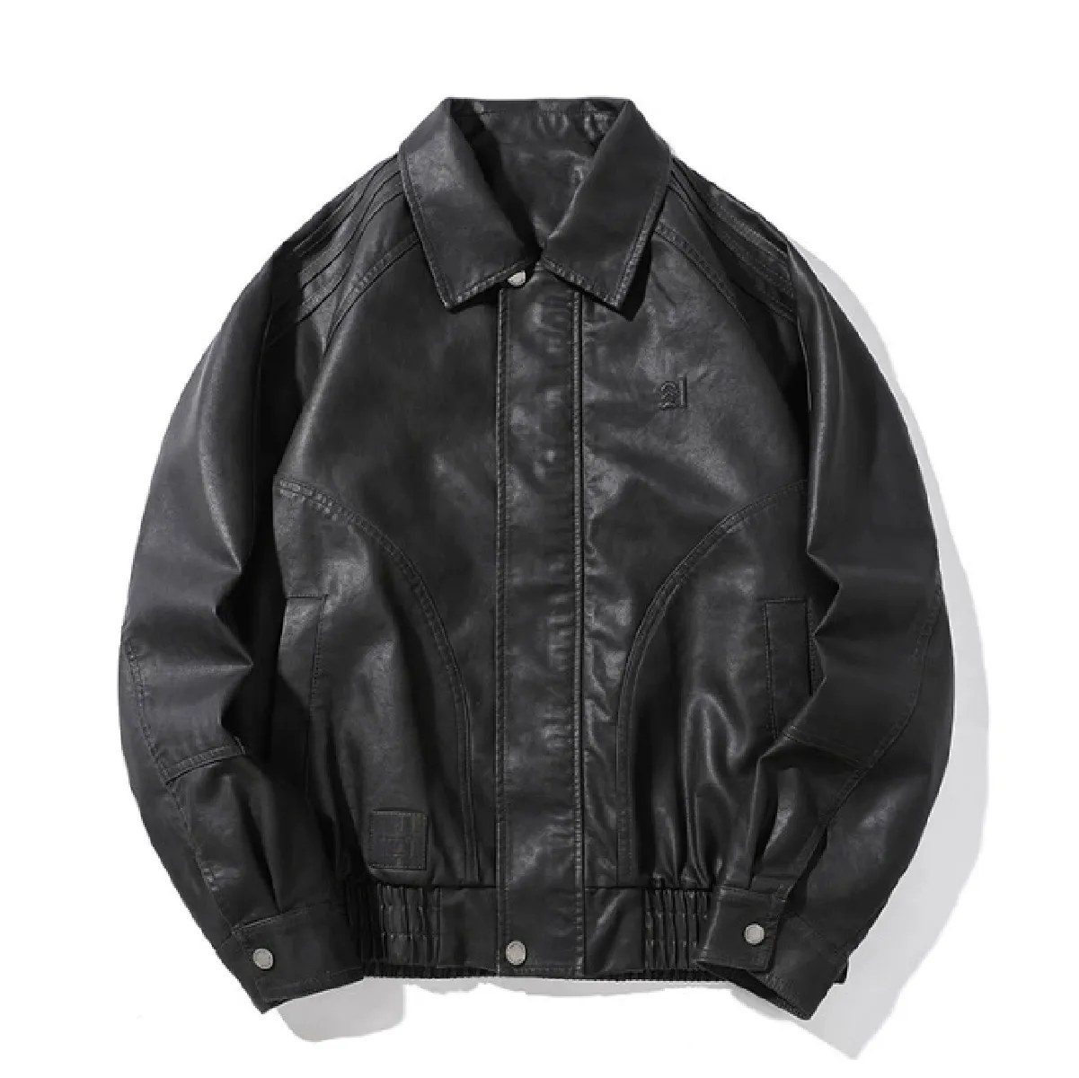 ヴィンテージ風 PUレザー 折り襟付きジャケット｜背面ステッチディテール 本体素材ゴム仕様 防風ジャケット-Oakln
