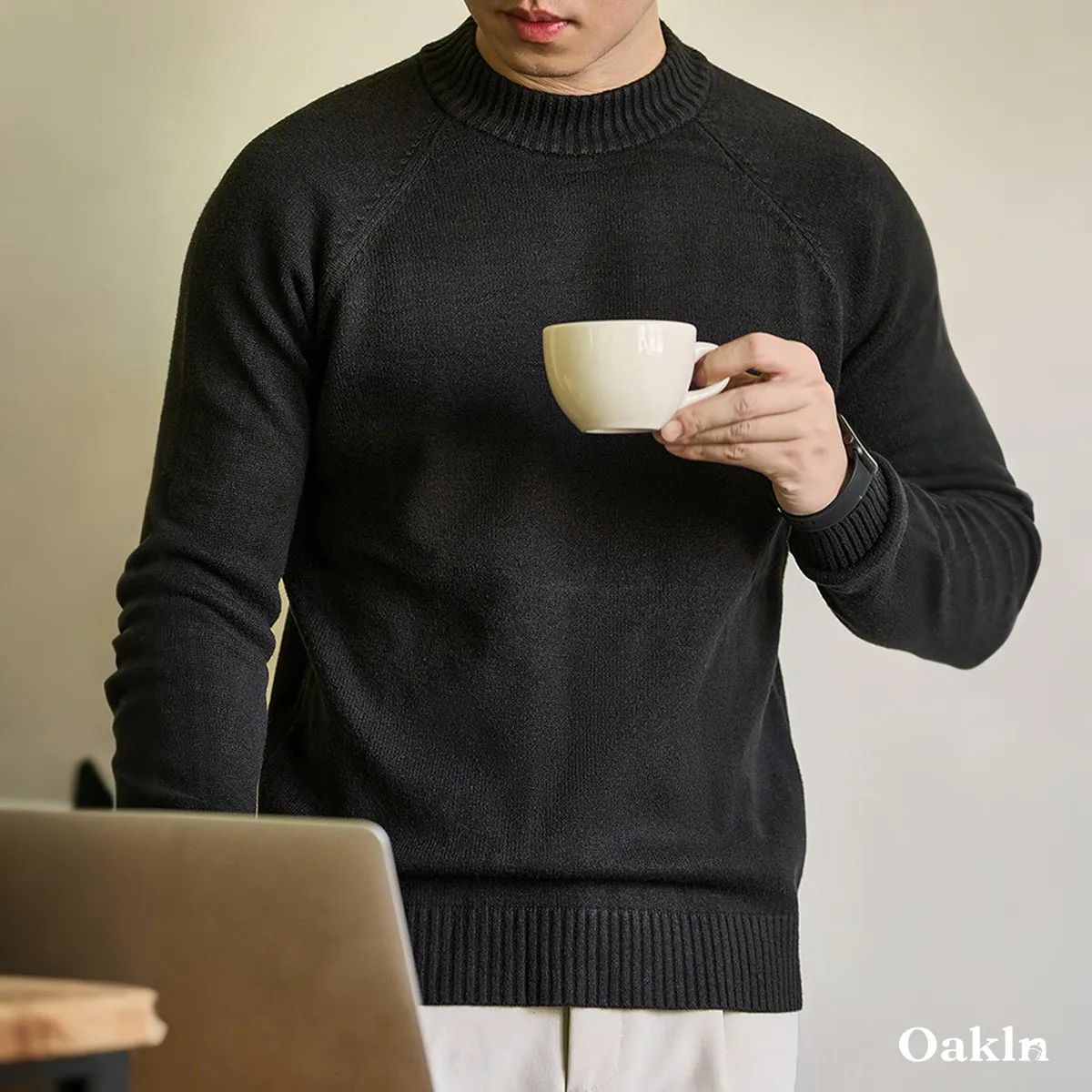 洗濯機OK ハーフハイネック ニット ウール混 ラグランスリーブ