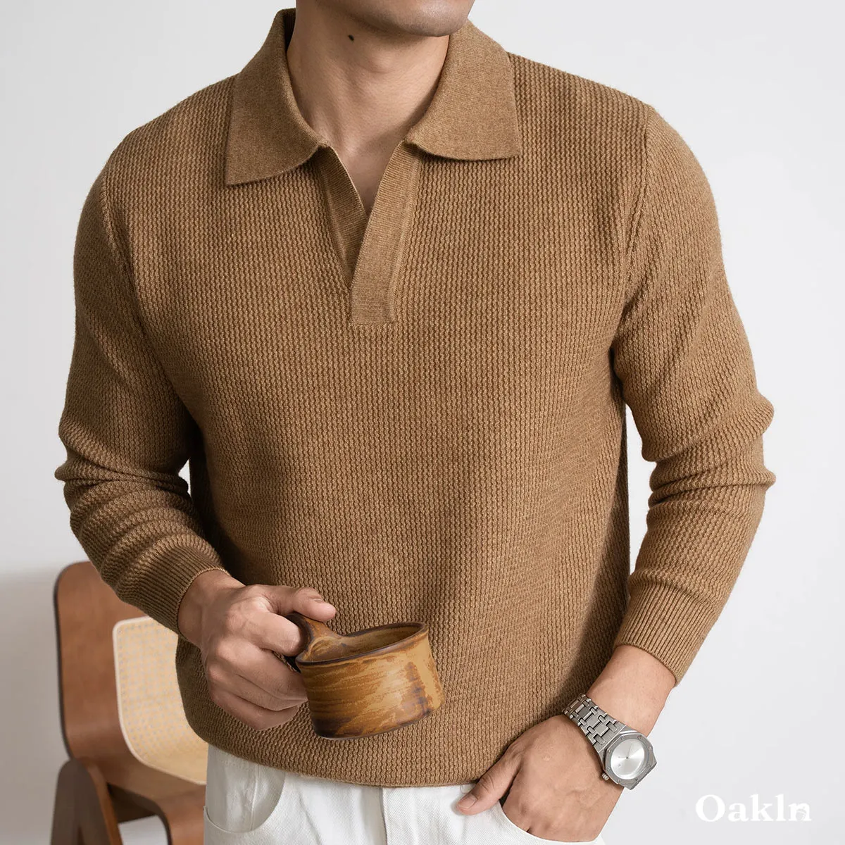 スキッパー ニット 羊毛混 鹿の子編み 襟付き ウォッシャブル ボタンレス ポロネックニット ウール混  立体テクスチャー  洗濯機対応