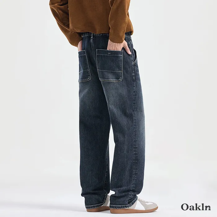裏起毛 デニム イージーパンツ コットン混 ストレッチ ウエストゴム ドローコード調節 暖パン-Oakln