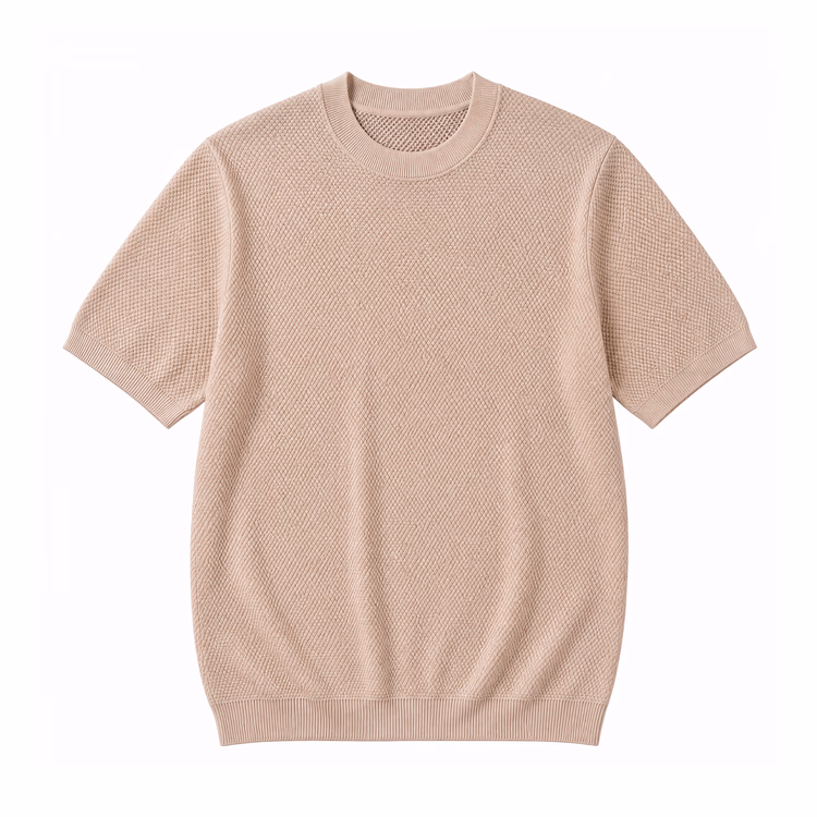 コットン100％ パイナップル編みニットTシャツ 通気性 洗濯機洗い可 毛玉になりにくい 型崩れしにくい