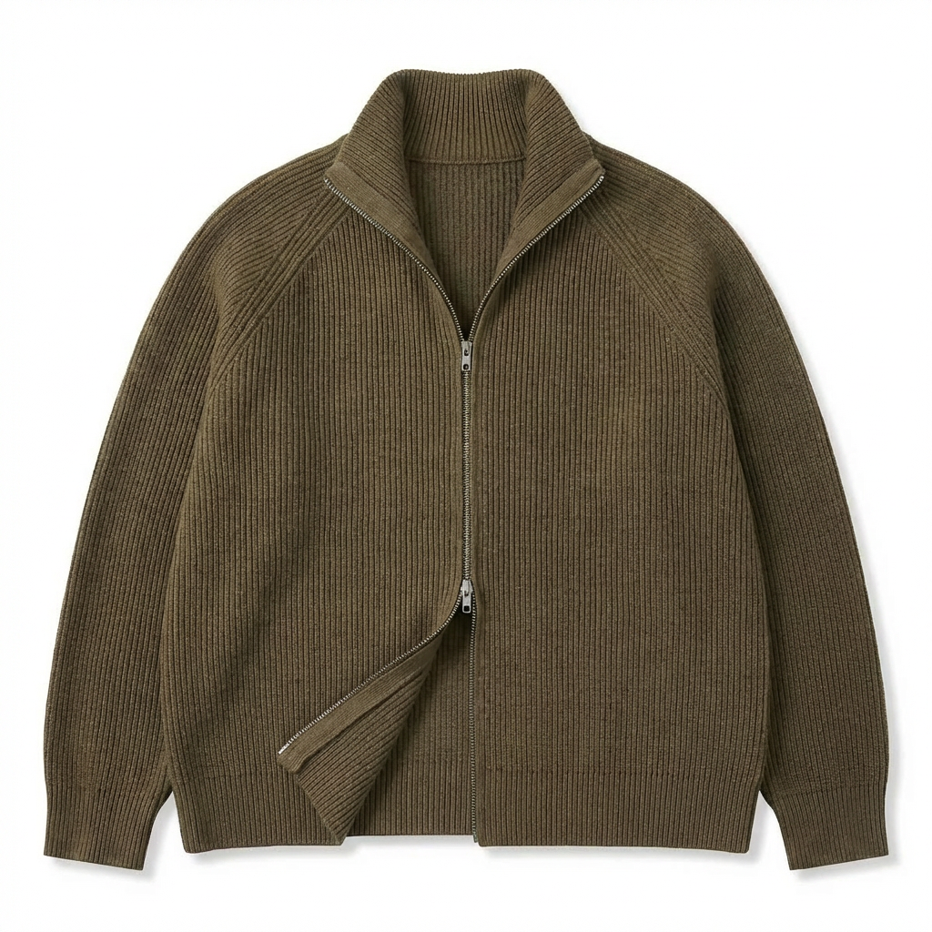 ドライバーズニット ダブルジップ ウール混 畦編み スタンドカラー